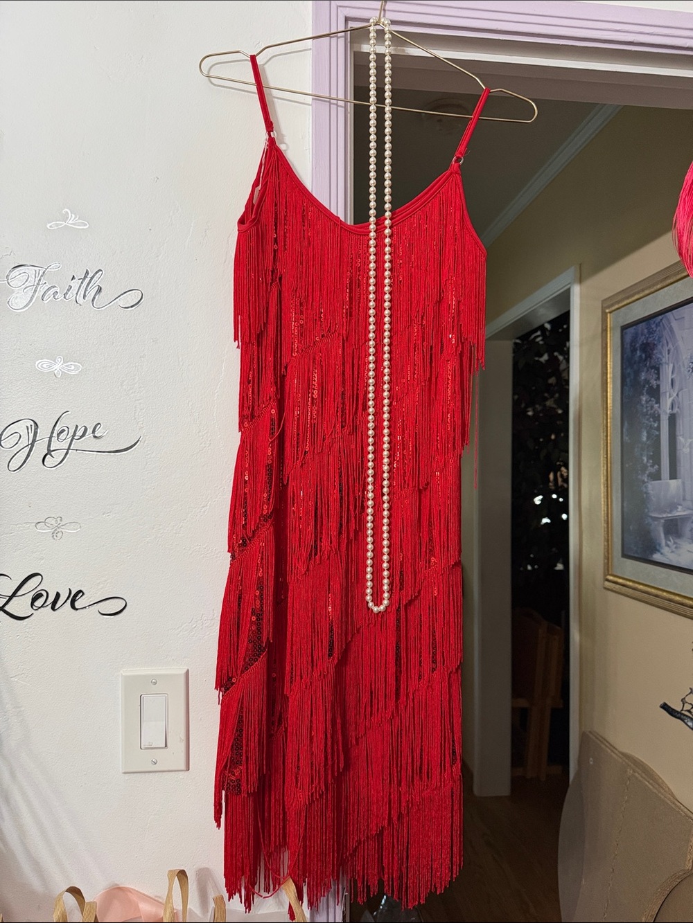 Beaded Red Fringe Mini Dress with Spaghetti Straps